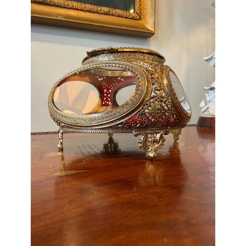 Vintage Ormolu Jewelry Casket Red Velvet Beveled Glass Box - Picture 12 of 17